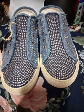 Denim Rhinestone Slip-On Sneakers - Blue